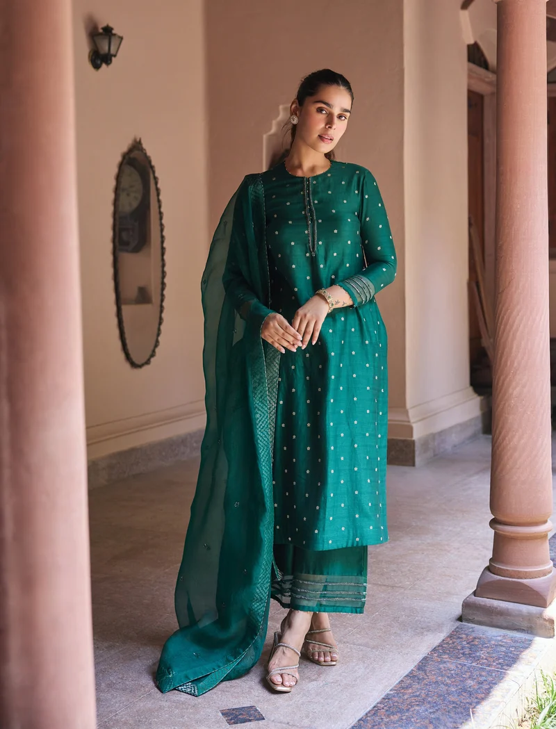 Outfitters Ready-to-Wear Embroidered Kurti - Emerald Green