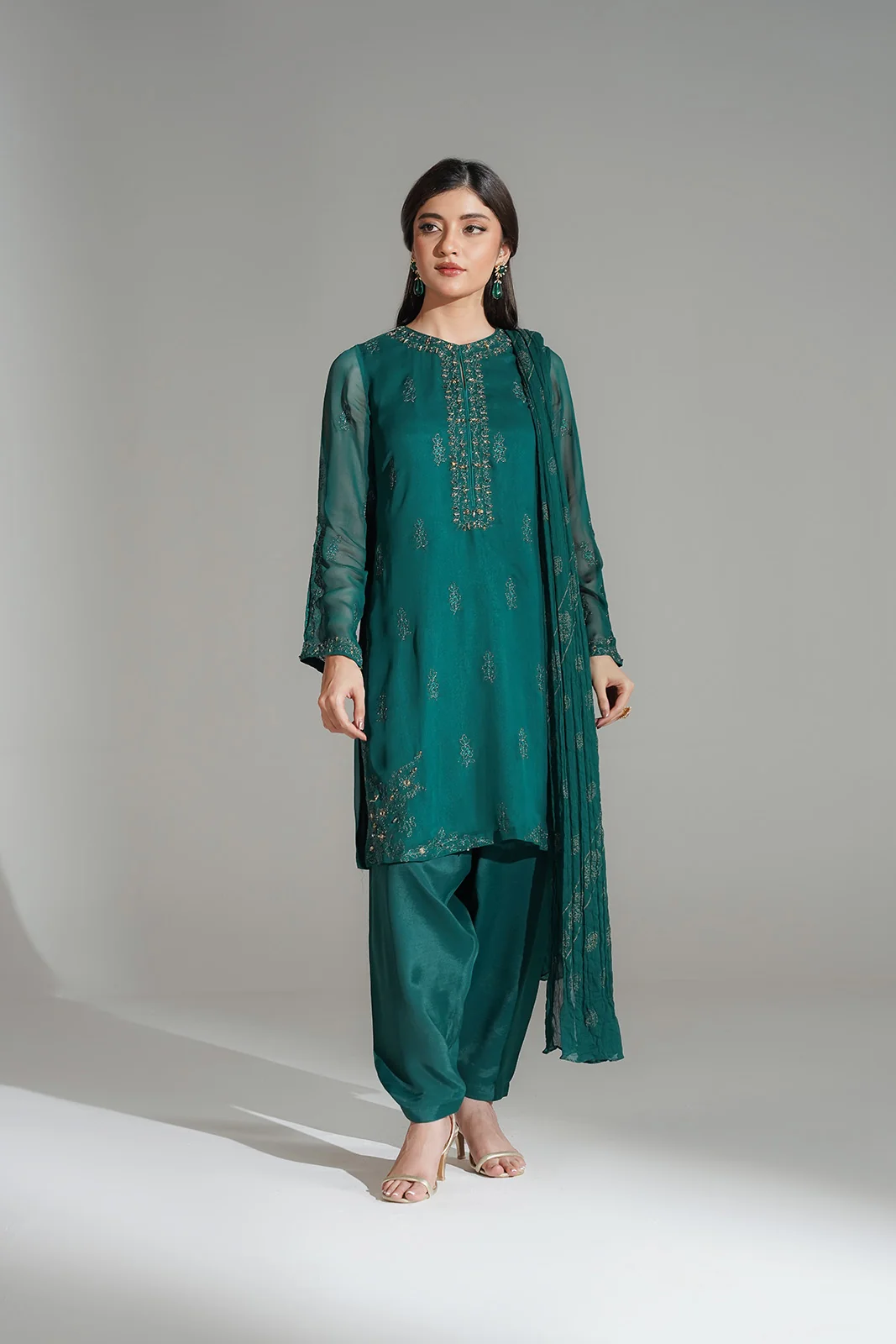 Outfitters Chiffon Embroidered Suit - Emerald Green