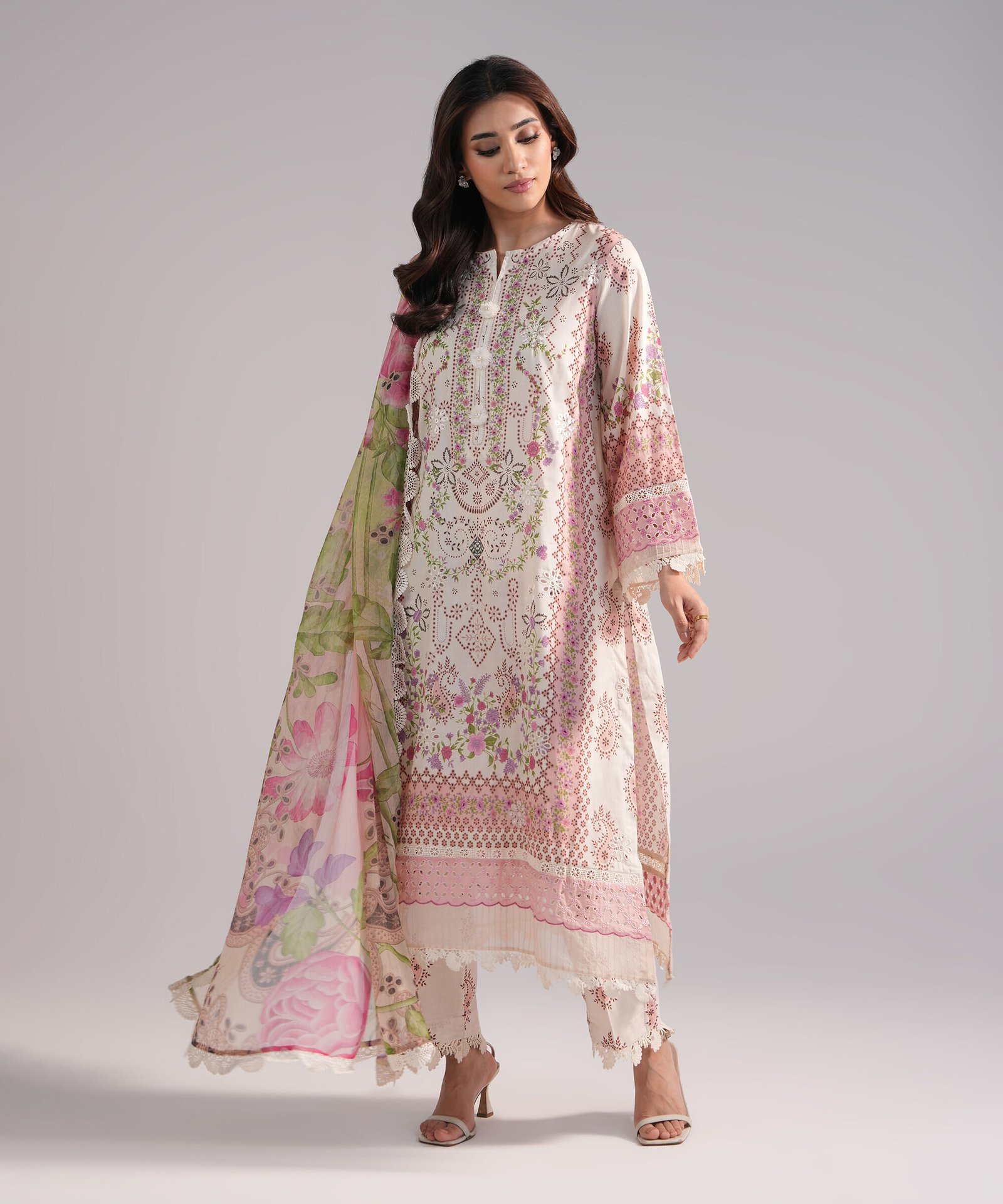 Sapphire Chiffon Embroidered Suit - Off-White