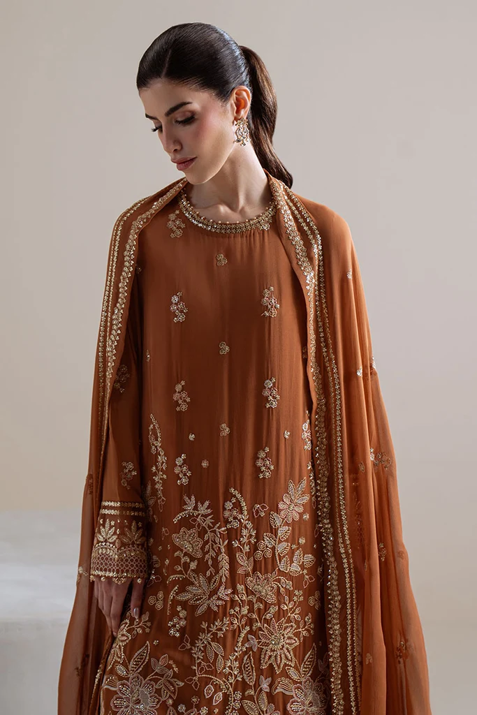 Outfitters Chiffon Embroidered Suit - Rust
